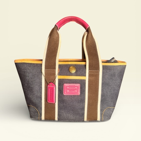Coach Handbags - Vintage Coach Hamptons Blue Denim Mini Tote Pink Leather Handles Trim